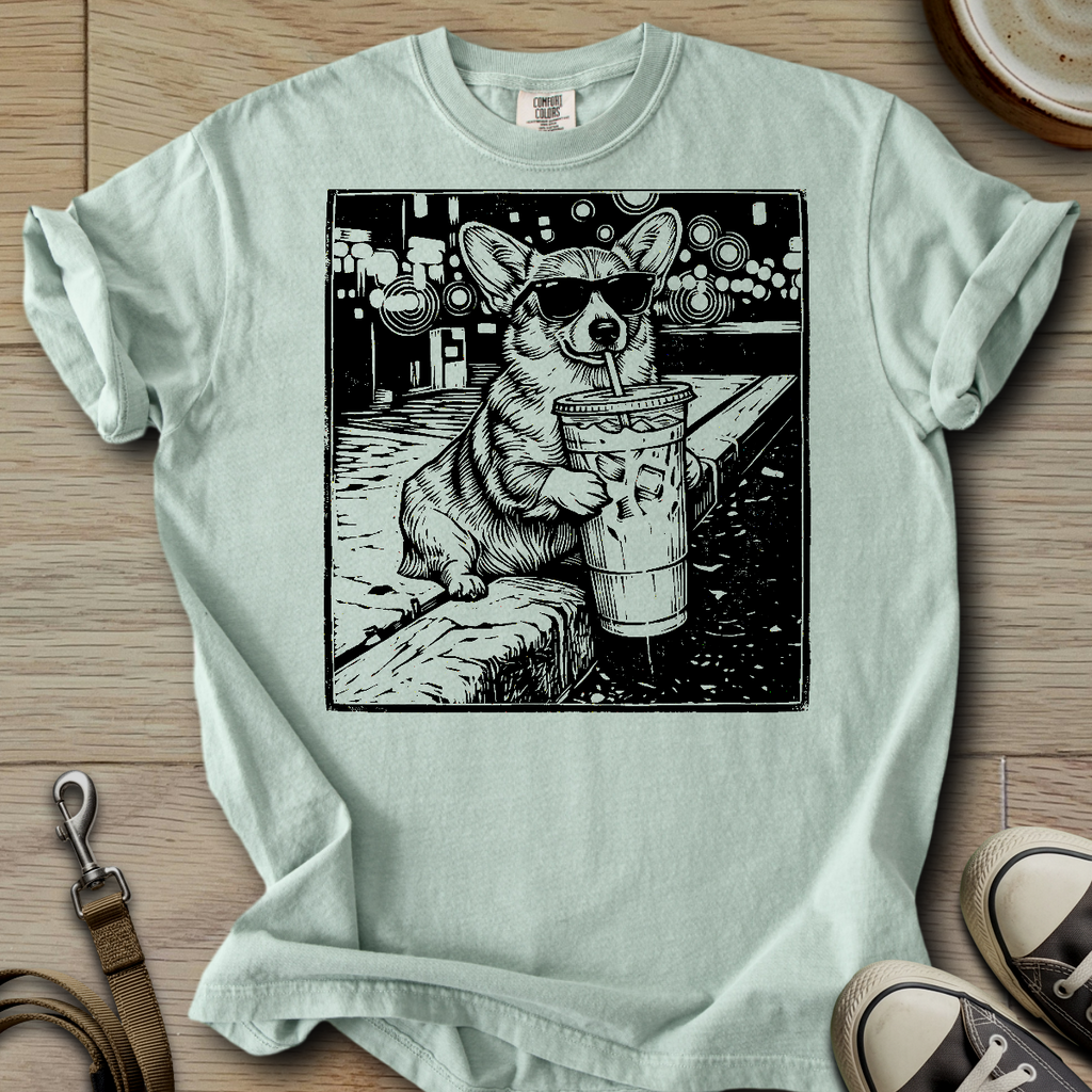 Dog Drinking Iced Coffee - Corgi T-Shirt