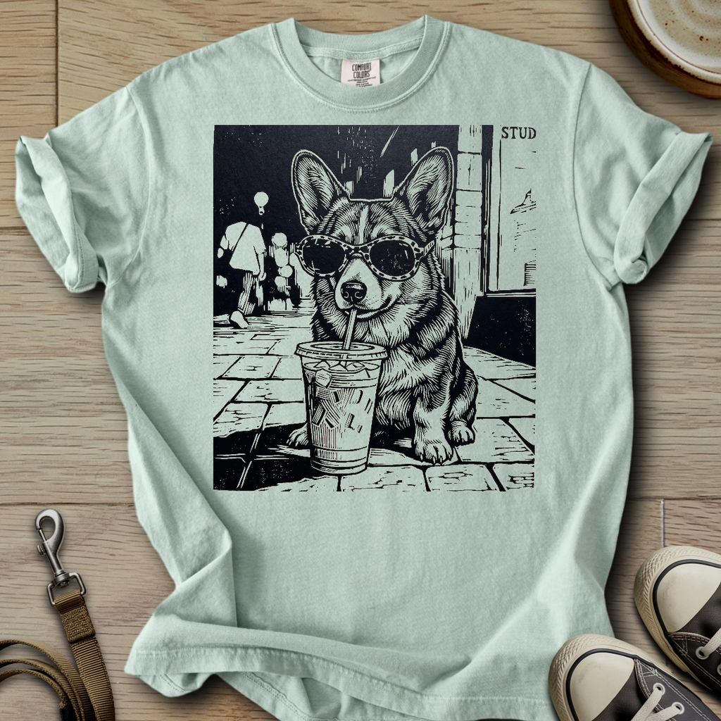 Dog Drinking Iced Coffee - Corgi T-Shirt