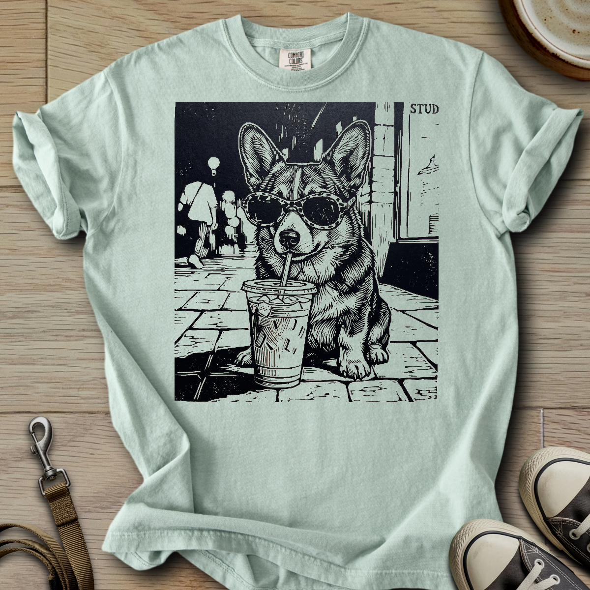 Dog Drinking Iced Coffee - Corgi T-Shirt