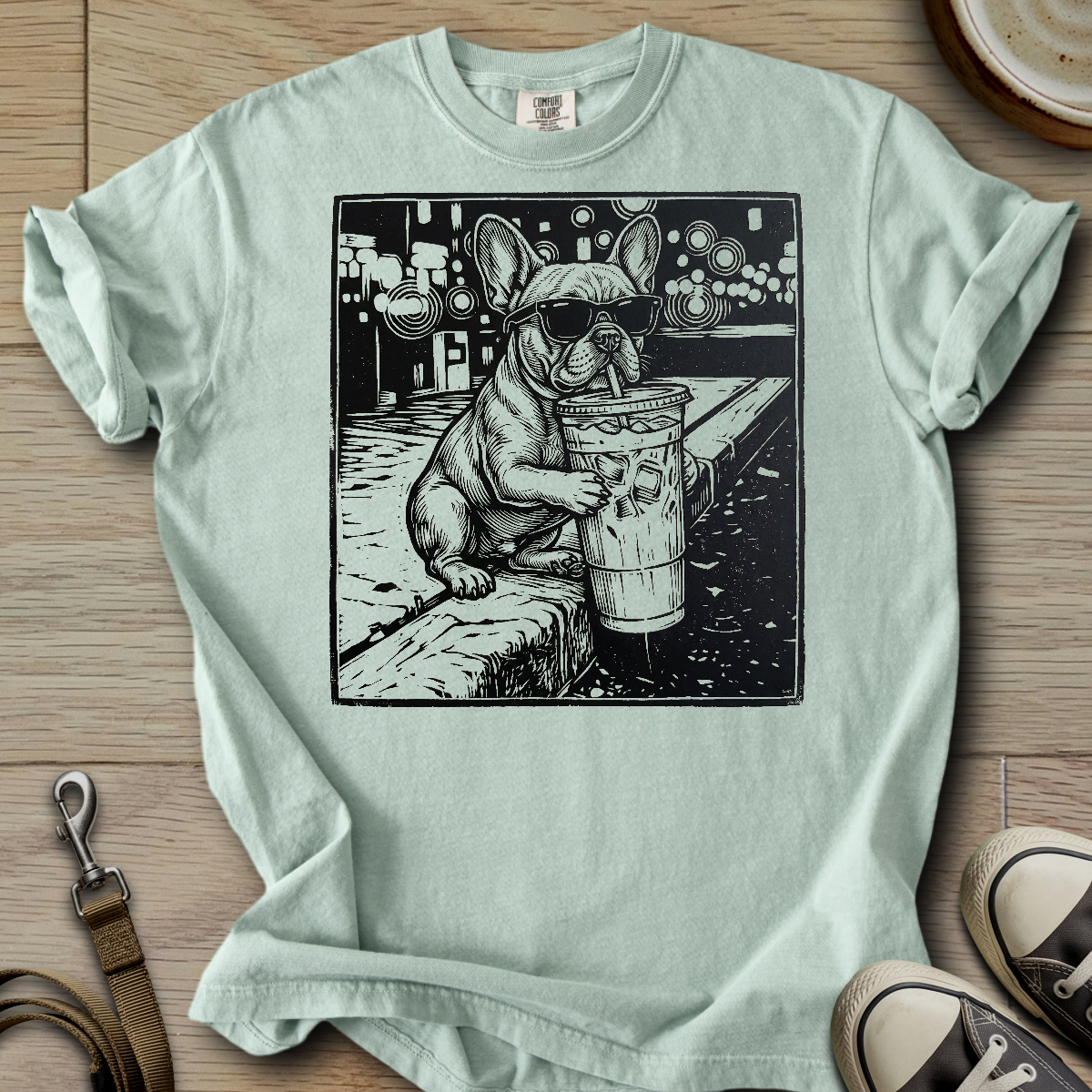 Dog Drinking Iced Coffee - Frenchie T-Shirt