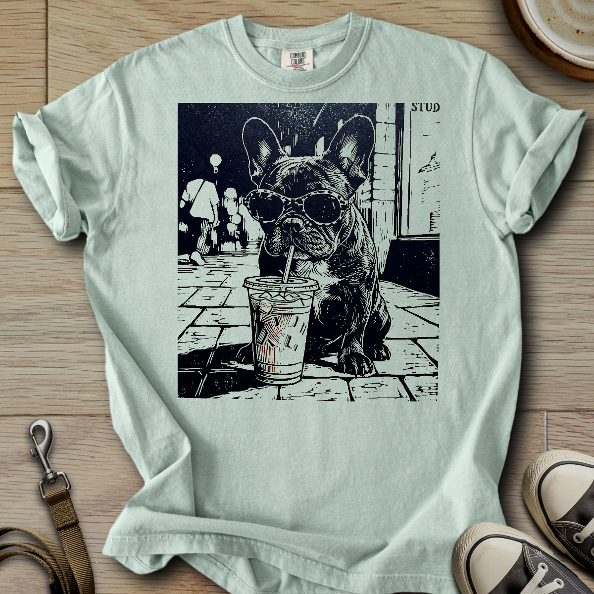 Dog Drinking Iced Coffee - Frenchie T-Shirt