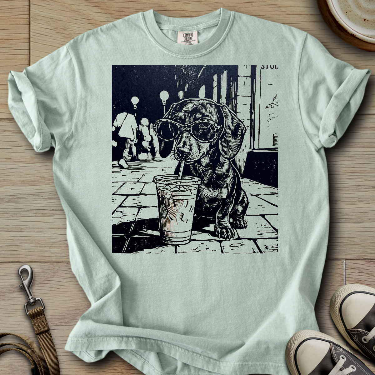 Dog Drinking Iced Coffee - Doxie T-Shirt