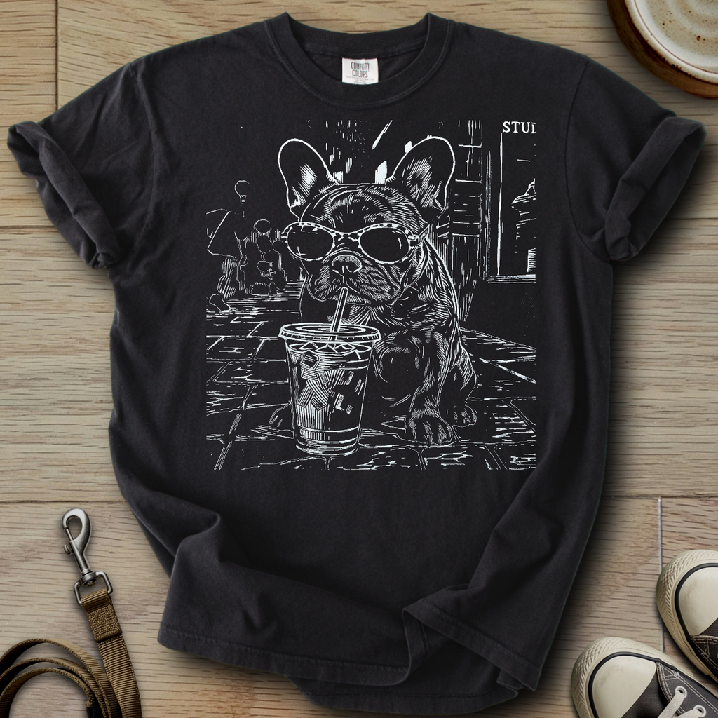 Dog Drinking Iced Coffee - Frenchie T-Shirt