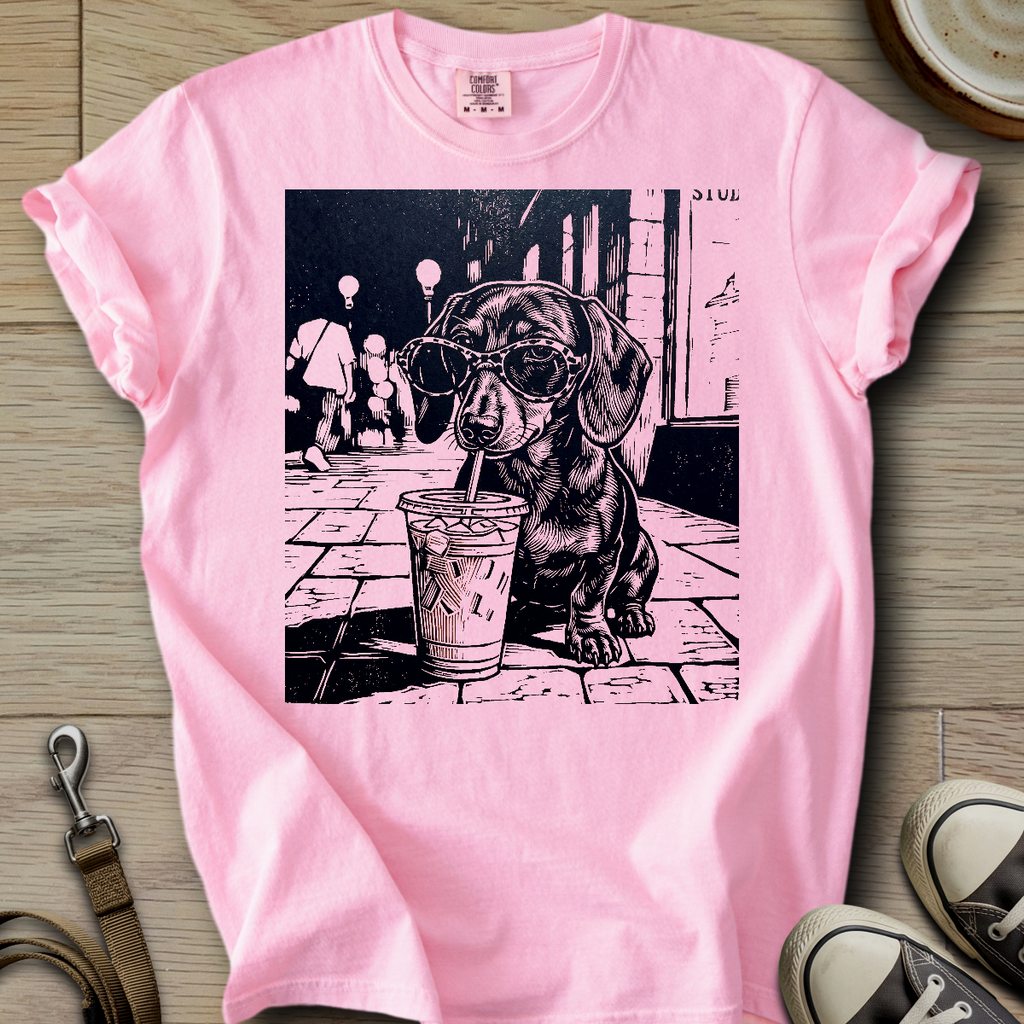Dog Drinking Iced Coffee - Doxie T-Shirt