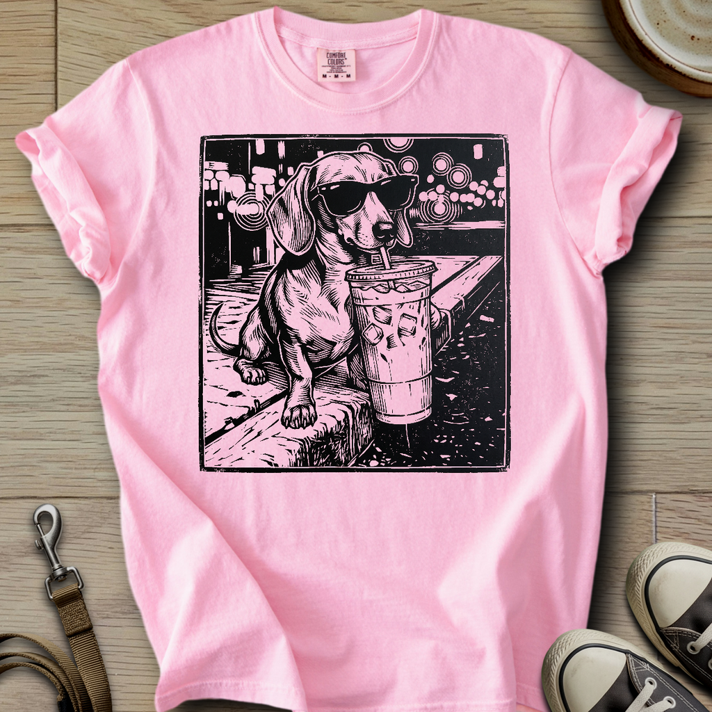 Dog Drinking Iced Coffee - Doxie T-Shirt