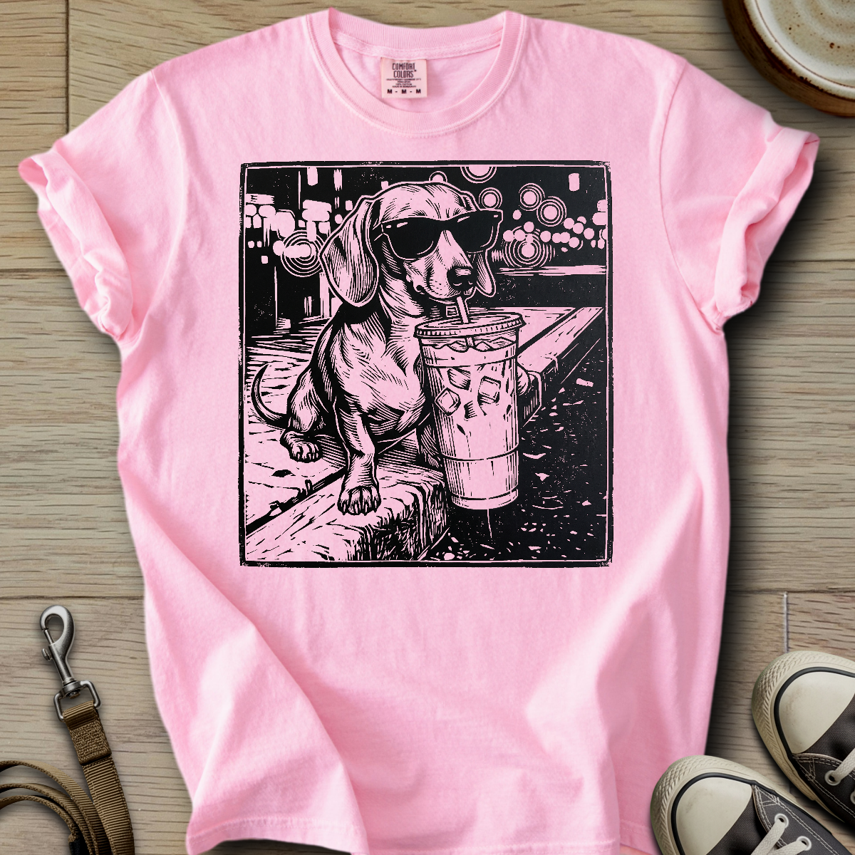 Dog Drinking Iced Coffee - Doxie T-Shirt