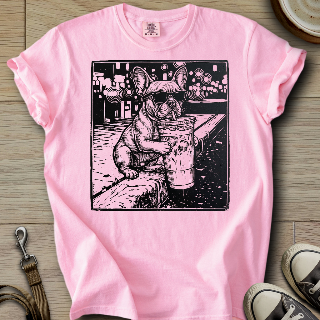 Dog Drinking Iced Coffee - Frenchie T-Shirt
