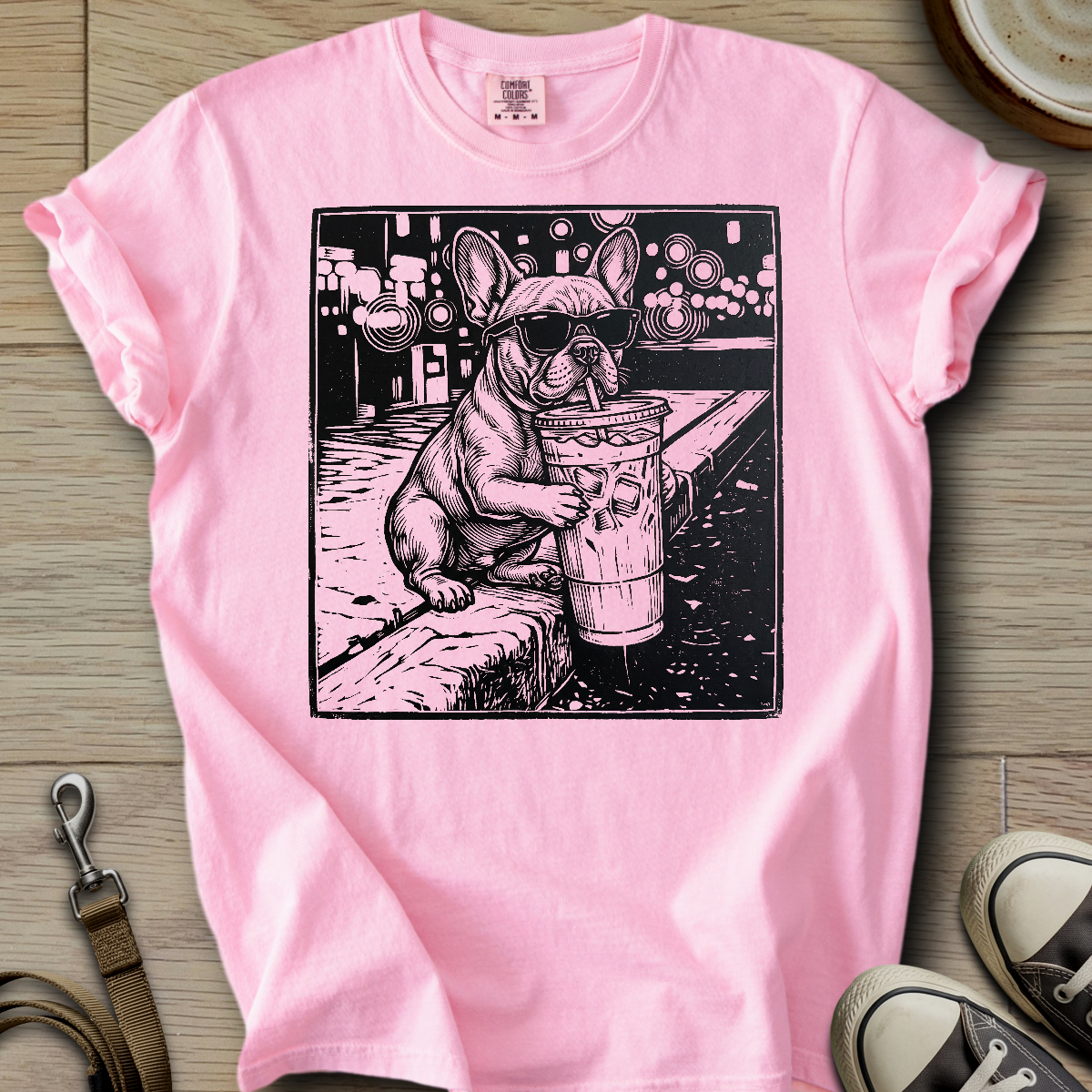 Dog Drinking Iced Coffee - Frenchie T-Shirt