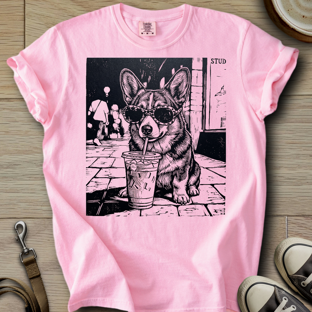 Dog Drinking Iced Coffee - Corgi T-Shirt