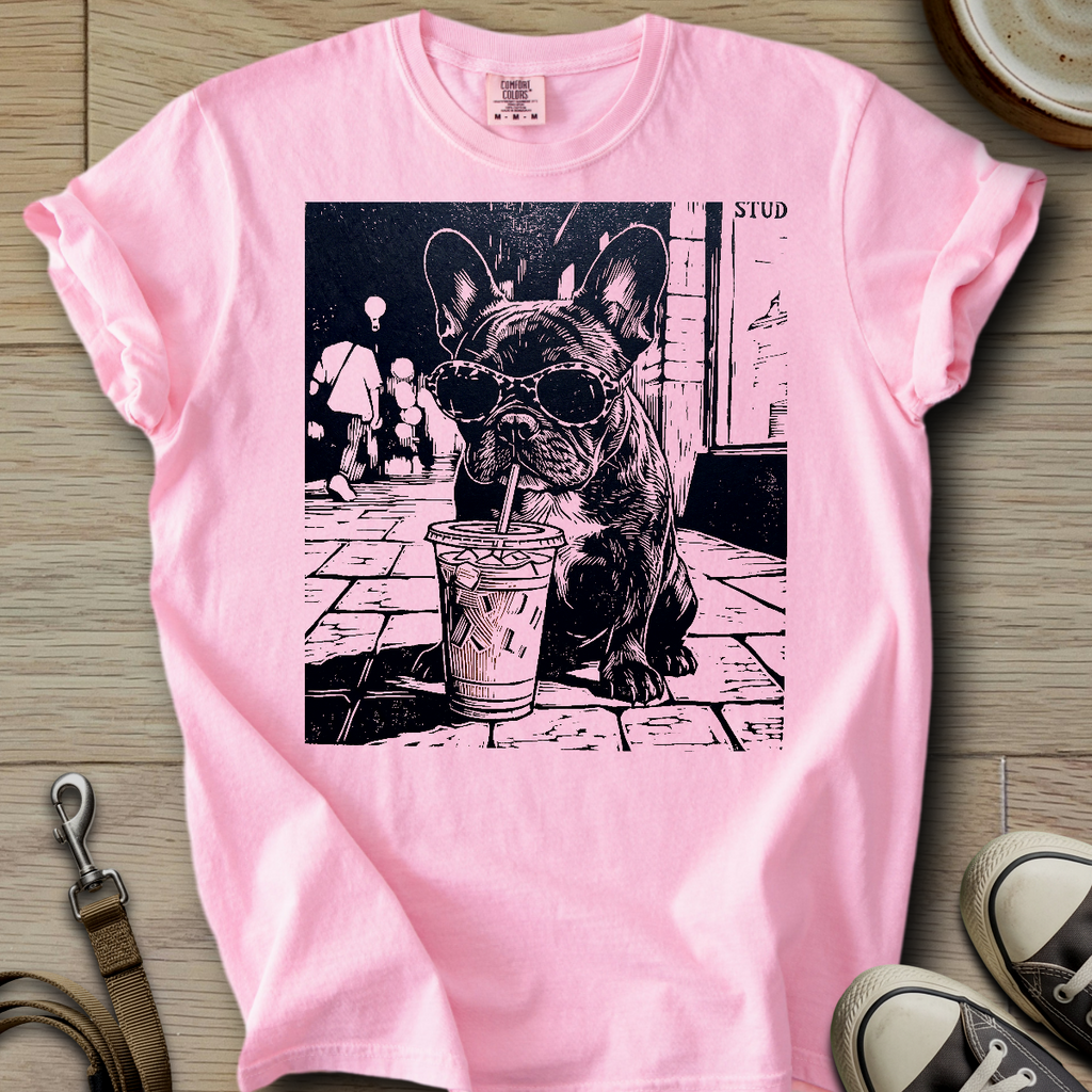 Dog Drinking Iced Coffee - Frenchie T-Shirt