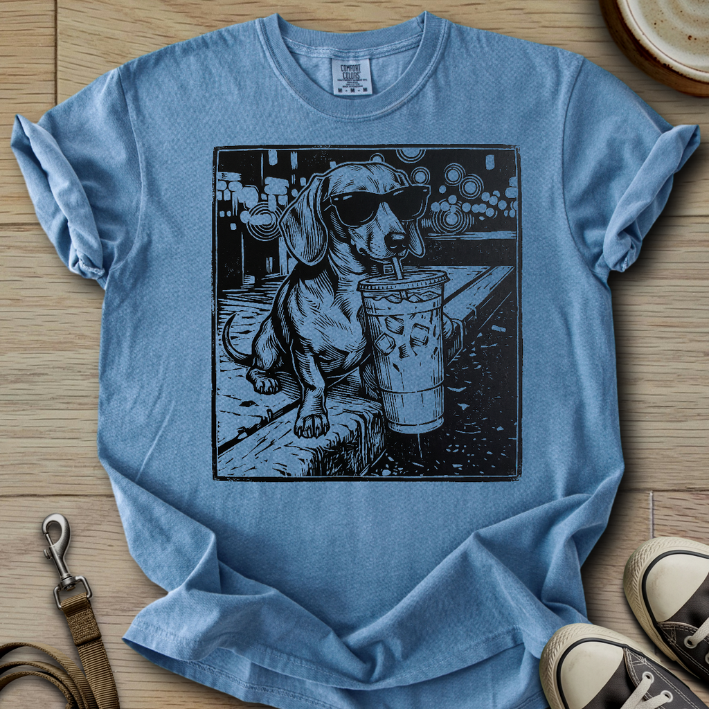 Dog Drinking Iced Coffee - Doxie T-Shirt
