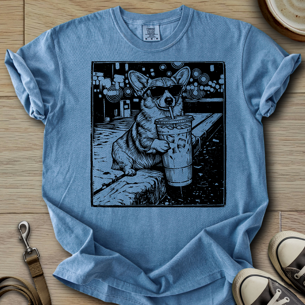 Dog Drinking Iced Coffee - Corgi T-Shirt