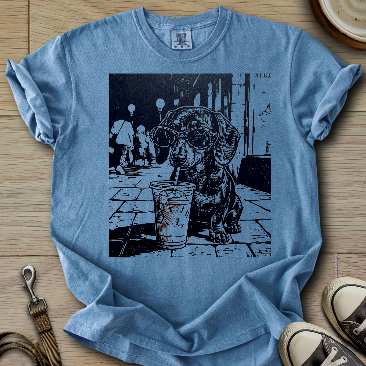 Dog Drinking Iced Coffee - Doxie T-Shirt
