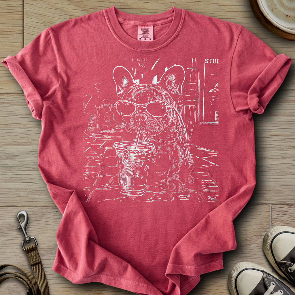 Dog Drinking Iced Coffee - Frenchie T-Shirt