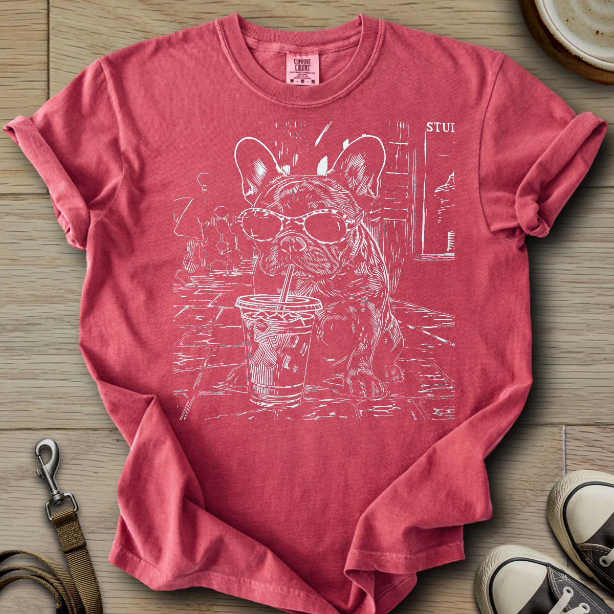 Dog Drinking Iced Coffee - Frenchie T-Shirt