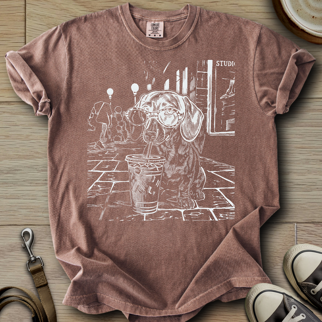 Dog Drinking Iced Coffee - Doxie T-Shirt