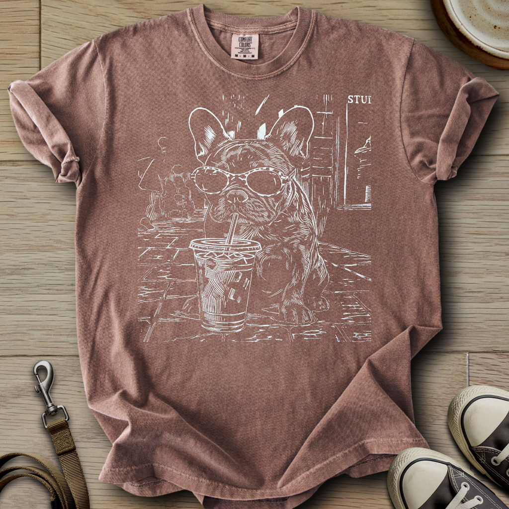 Dog Drinking Iced Coffee - Frenchie T-Shirt