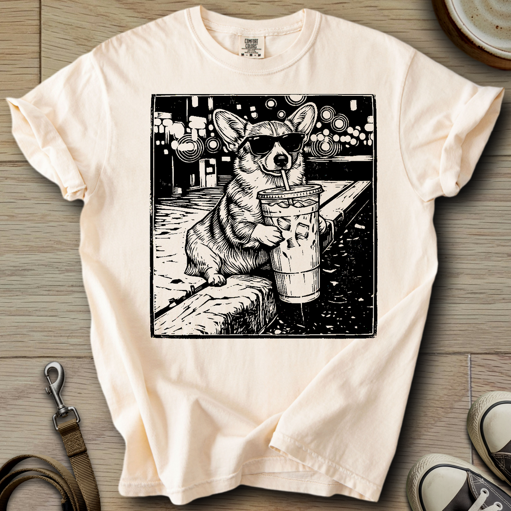 Dog Drinking Iced Coffee - Corgi T-Shirt