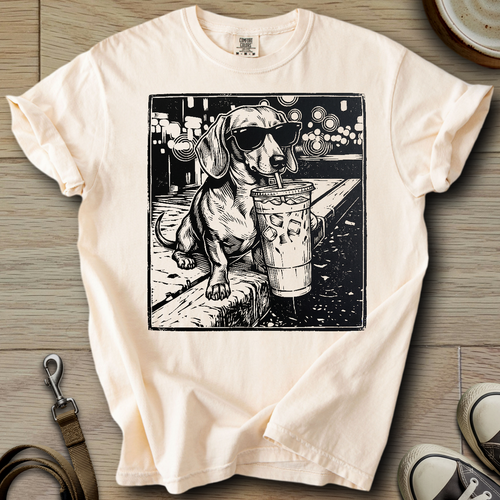 Dog Drinking Iced Coffee - Doxie T-Shirt
