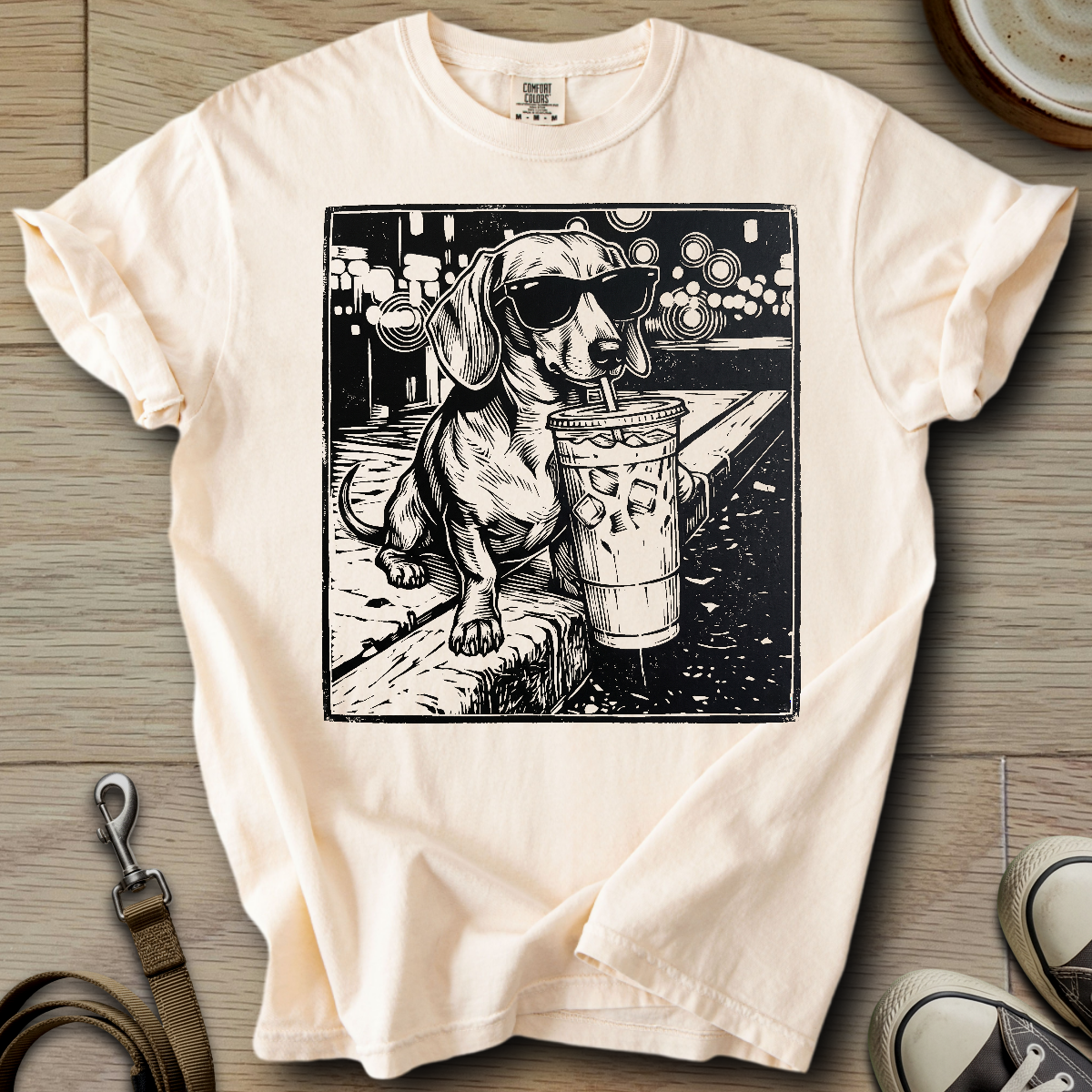 Dog Drinking Iced Coffee - Doxie T-Shirt