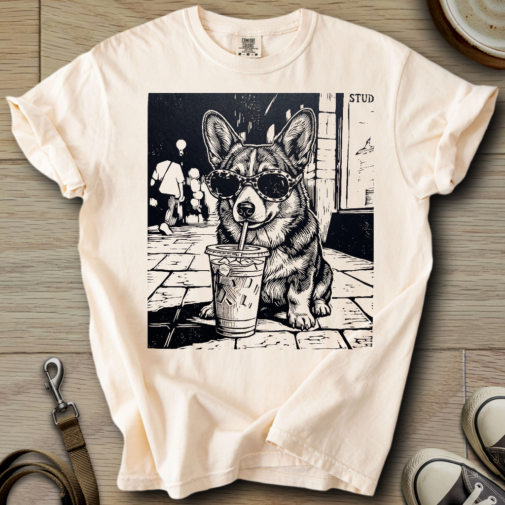Dog Drinking Iced Coffee - Corgi T-Shirt