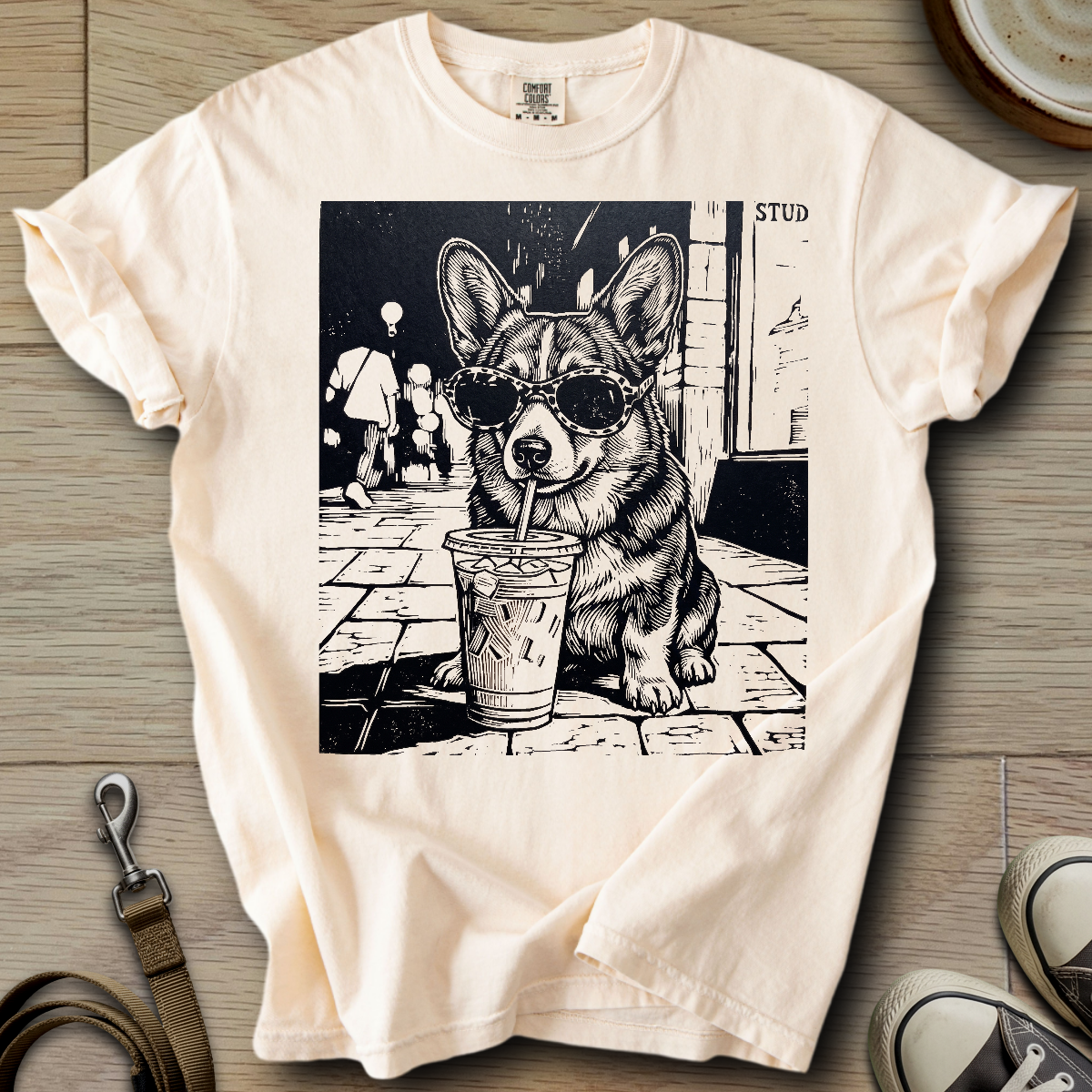 Dog Drinking Iced Coffee - Corgi T-Shirt