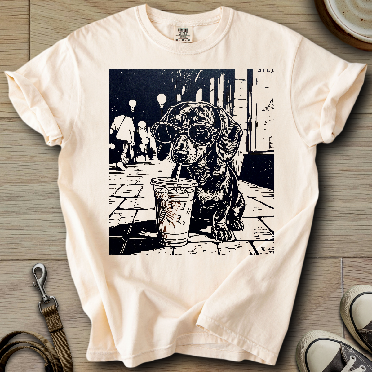 Dog Drinking Iced Coffee - Doxie T-Shirt