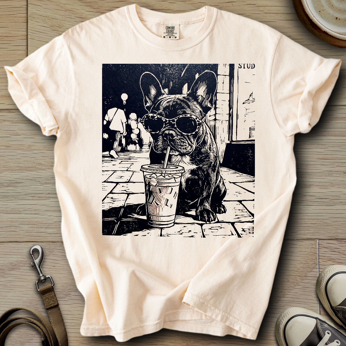 Dog Drinking Iced Coffee - Frenchie T-Shirt