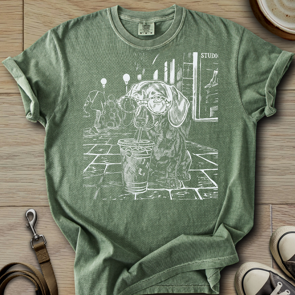 Dog Drinking Iced Coffee - Doxie T-Shirt