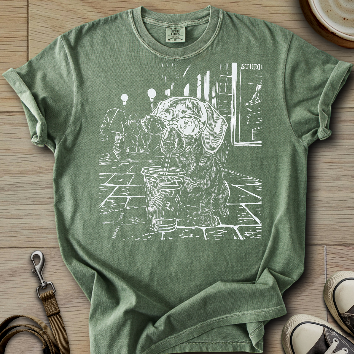 Dog Drinking Iced Coffee - Doxie T-Shirt