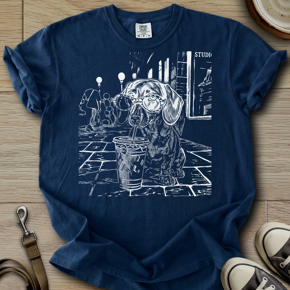 Dog Drinking Iced Coffee - Doxie T-Shirt