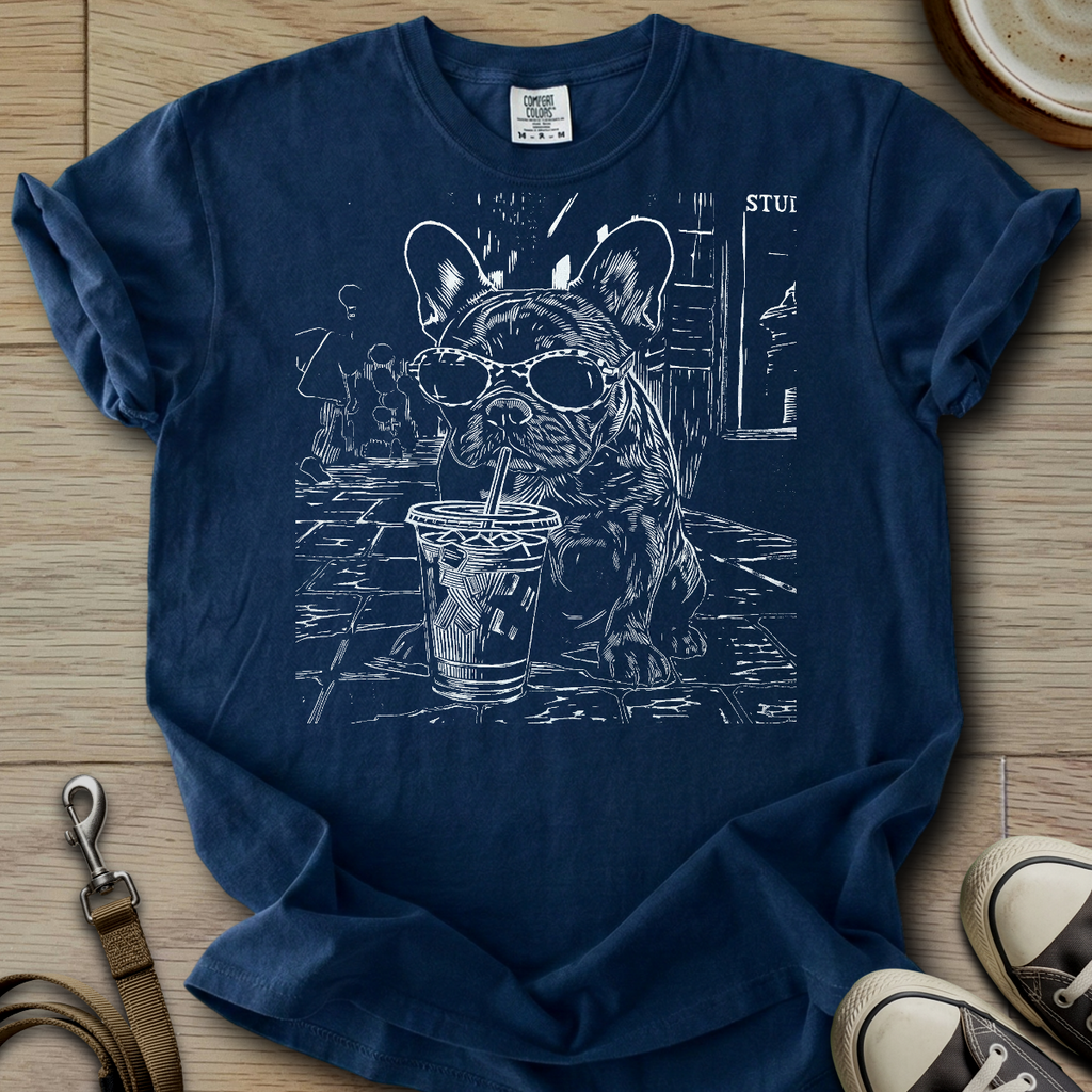 Dog Drinking Iced Coffee - Frenchie T-Shirt