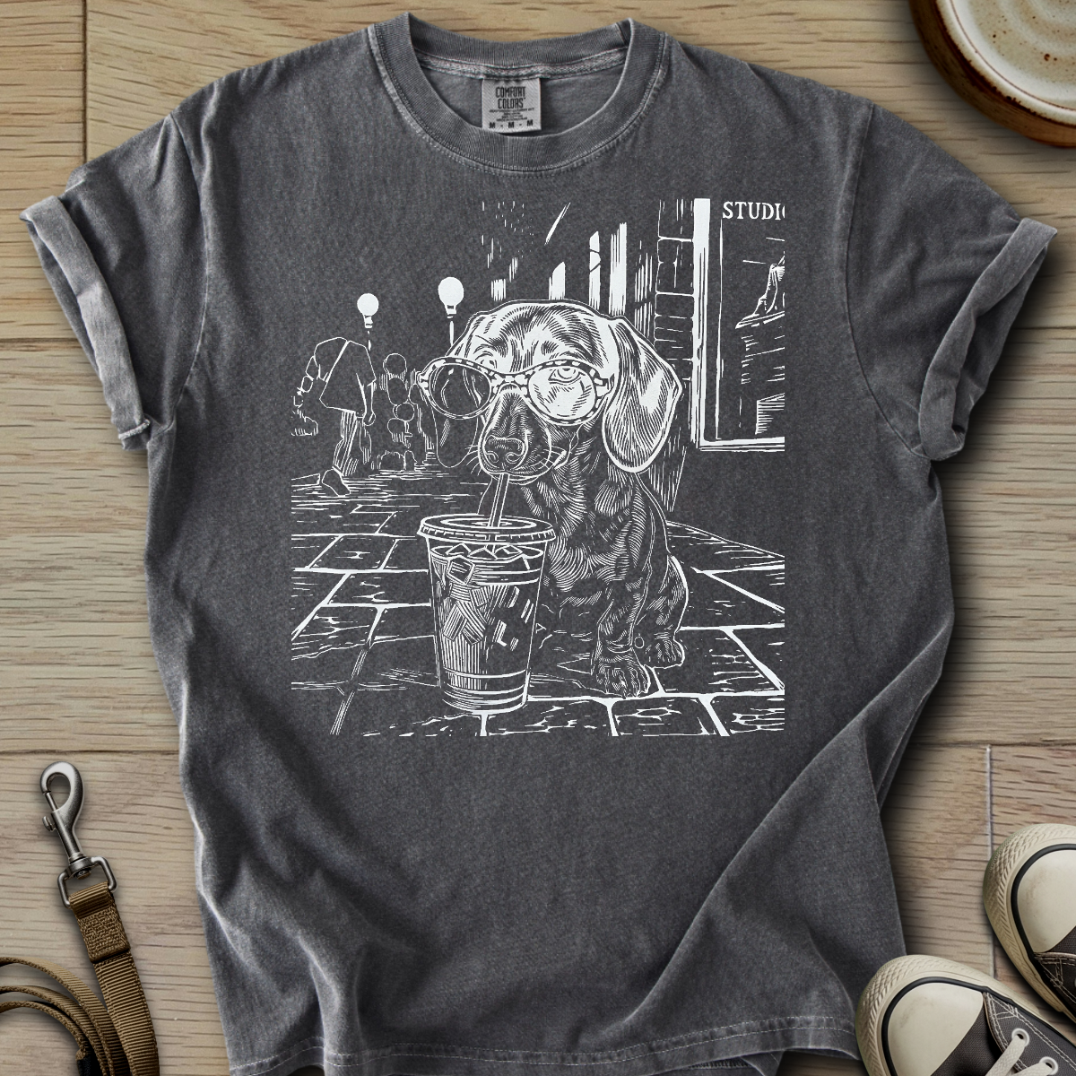 Dog Drinking Iced Coffee - Doxie T-Shirt