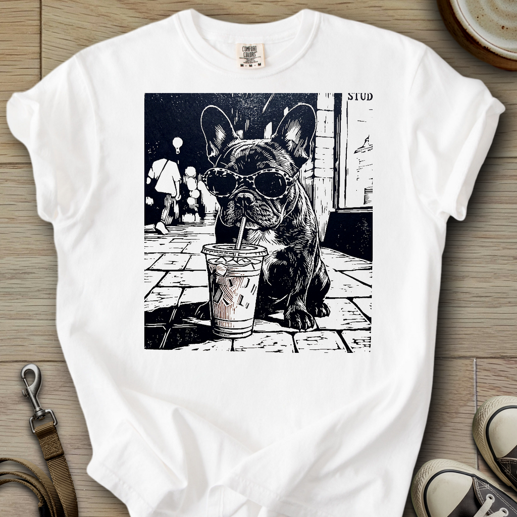 Dog Drinking Iced Coffee - Frenchie T-Shirt