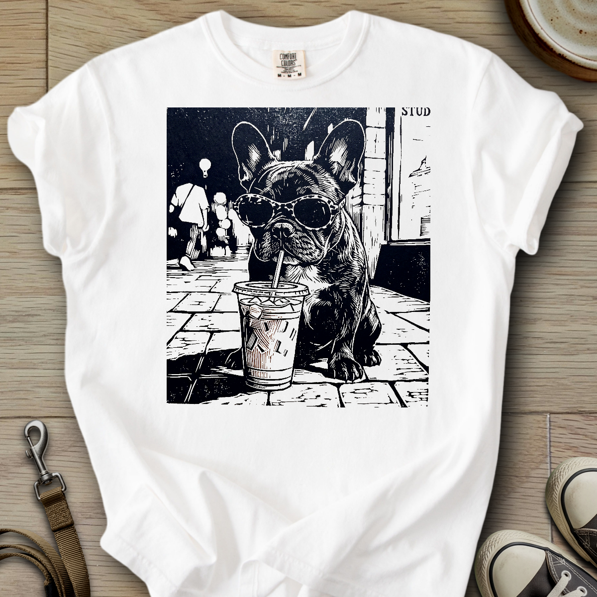 Dog Drinking Iced Coffee - Frenchie T-Shirt
