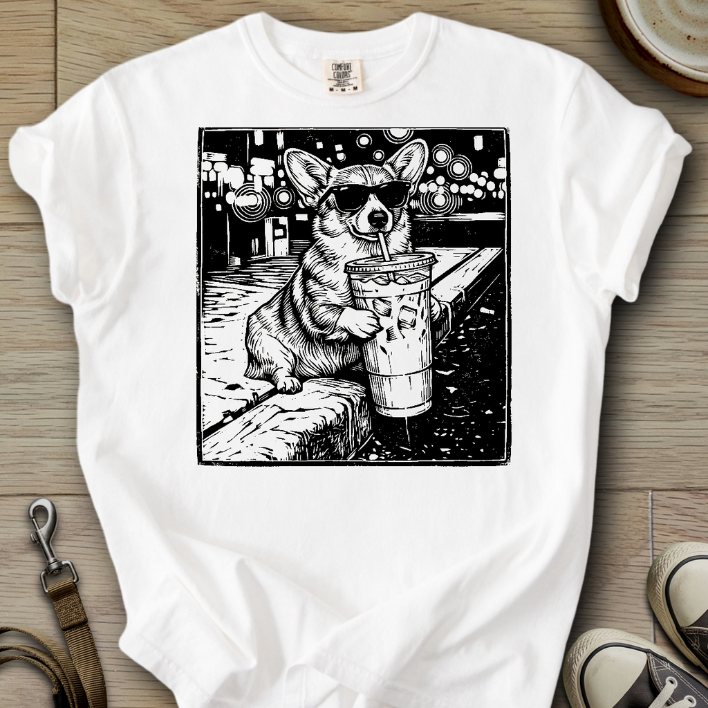 Dog Drinking Iced Coffee - Corgi T-Shirt