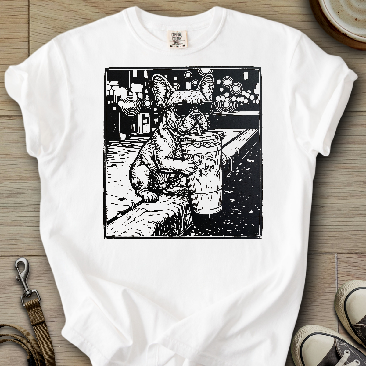 Dog Drinking Iced Coffee - Frenchie T-Shirt