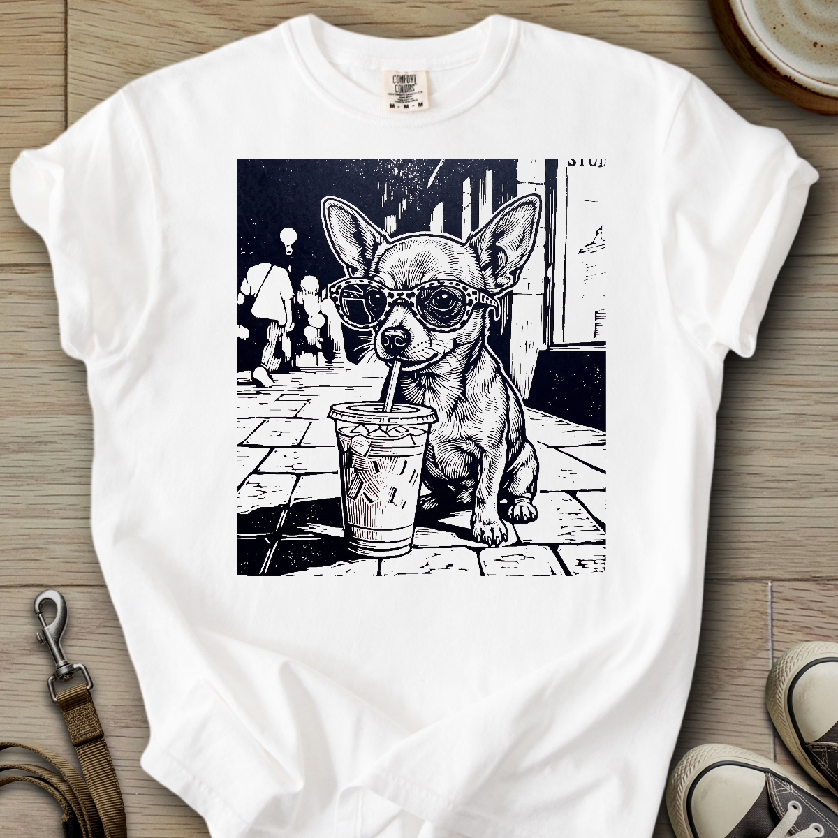 Dog Drinking Iced Coffee - Chihuahua T-Shirt