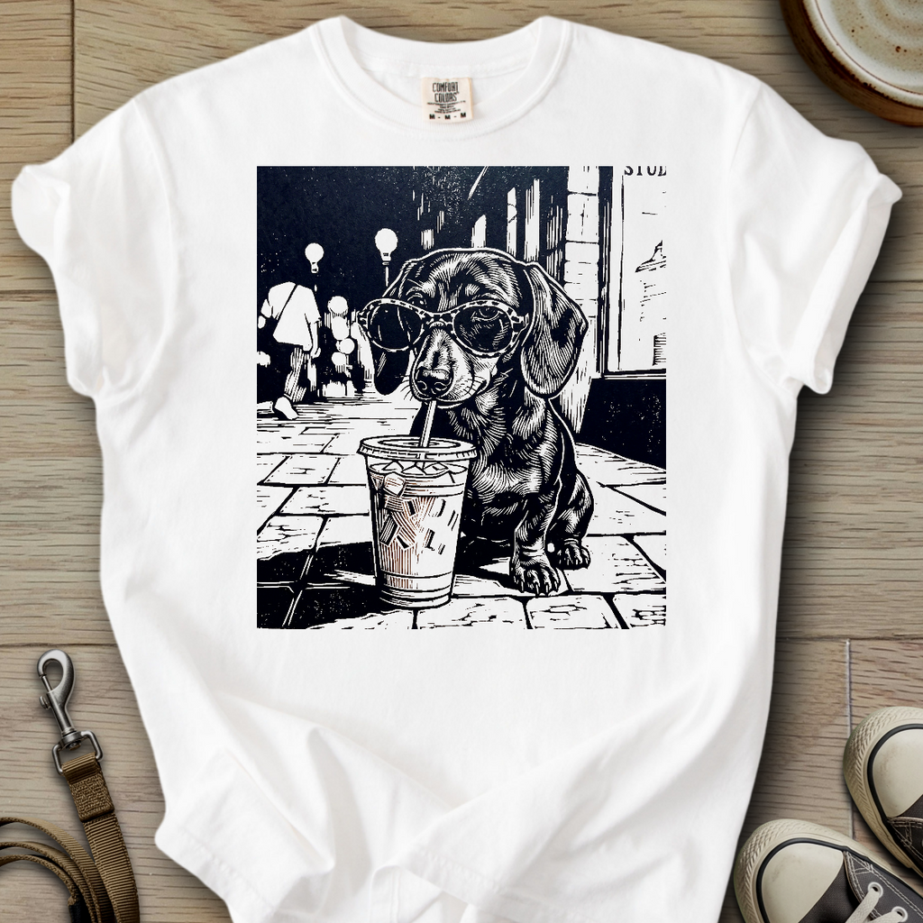 Dog Drinking Iced Coffee - Doxie T-Shirt