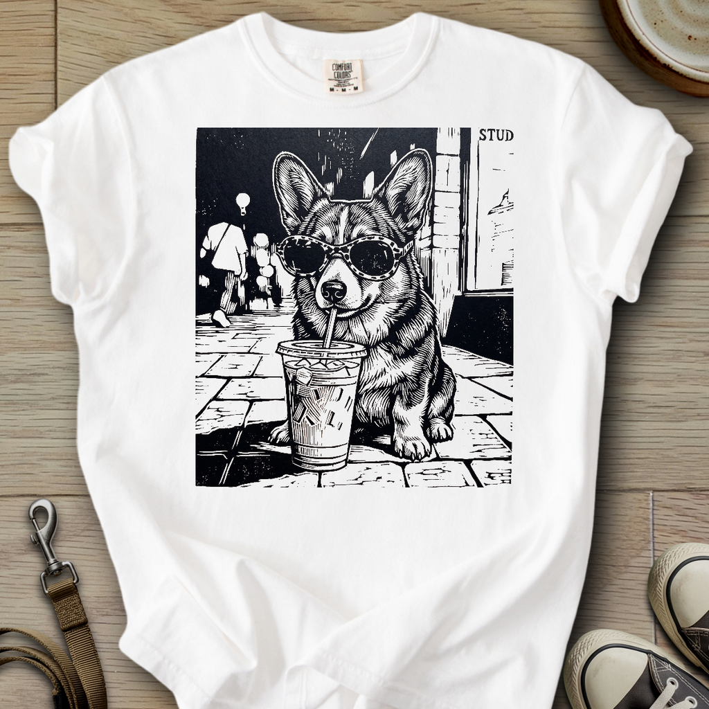 Dog Drinking Iced Coffee - Corgi T-Shirt
