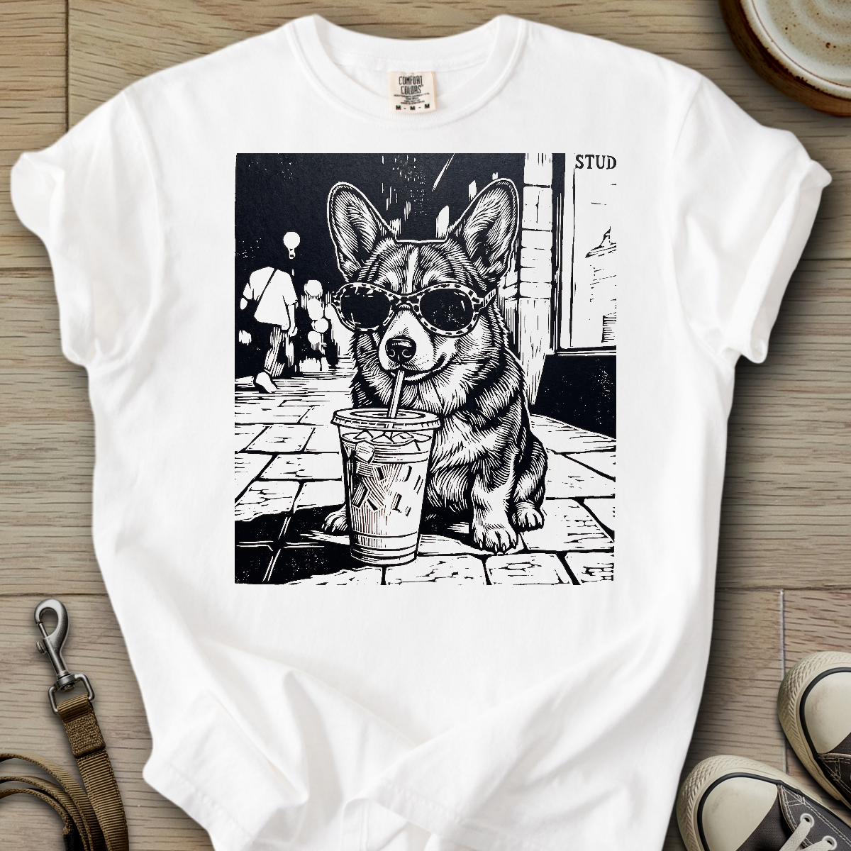 Dog Drinking Iced Coffee - Corgi T-Shirt